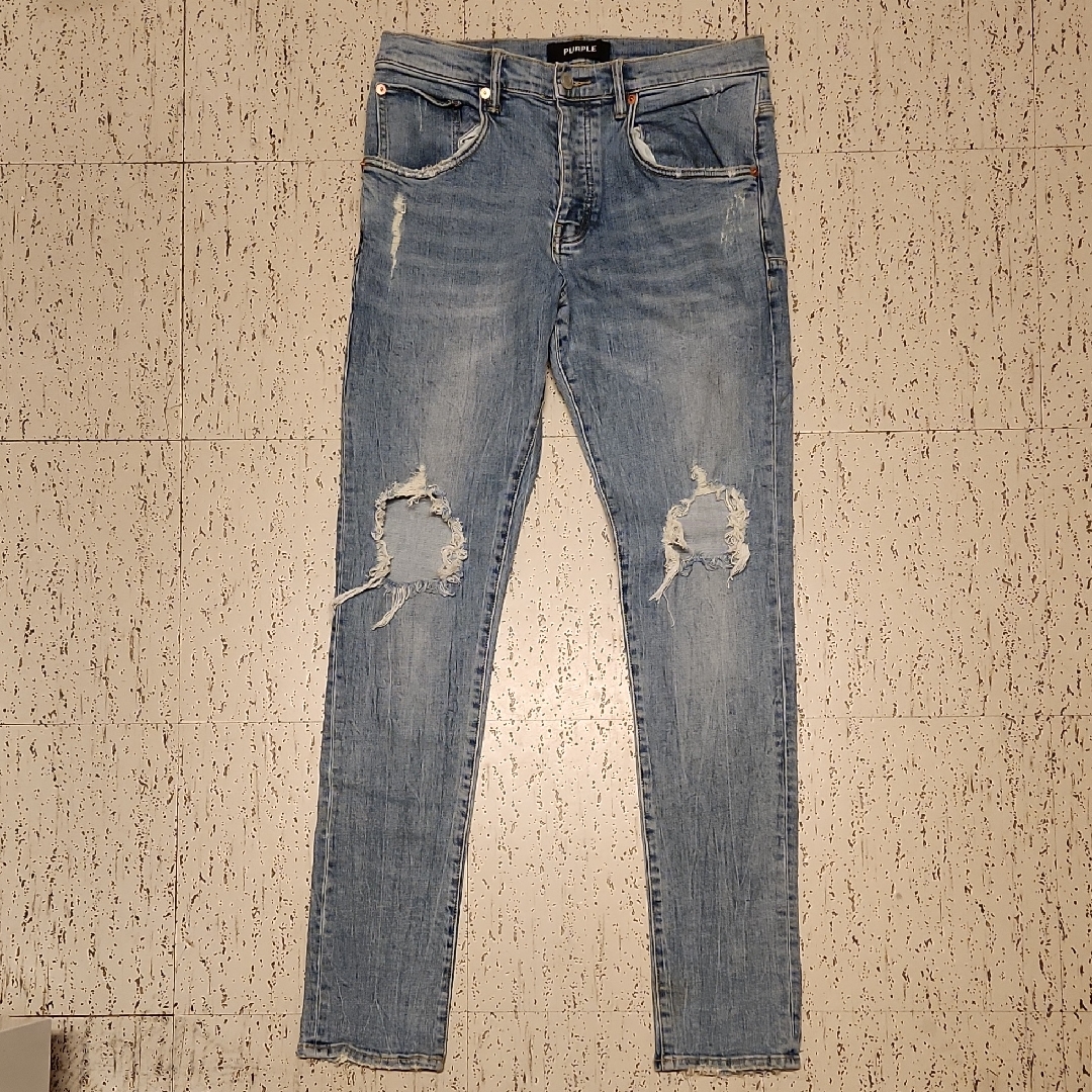 Purple Brand P002 Light Indigo Wash Blowout Distressed Jeans